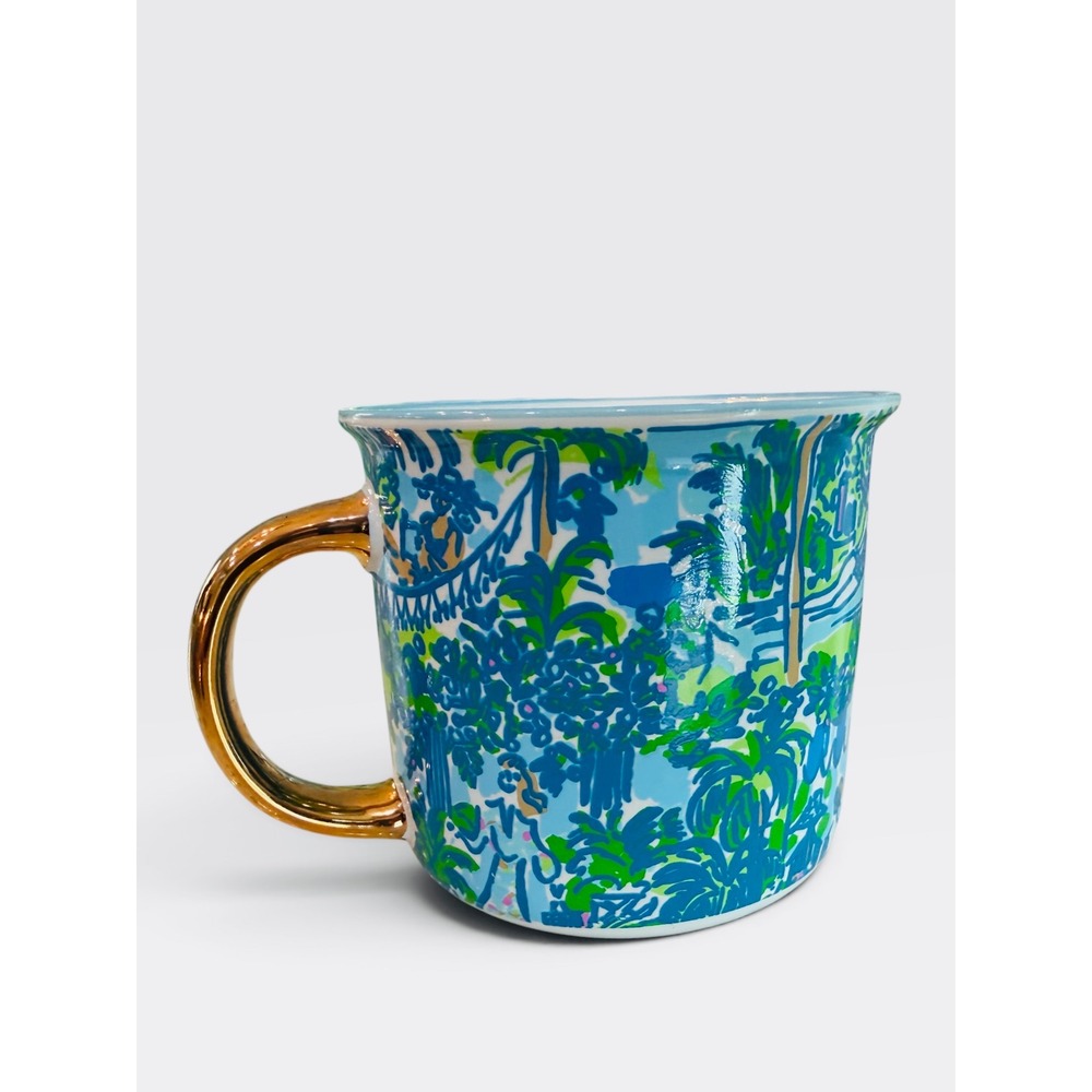 Lilly Pulitzer Coffee Mug OS Blue Tropical Gold Handle Let's Flamingle